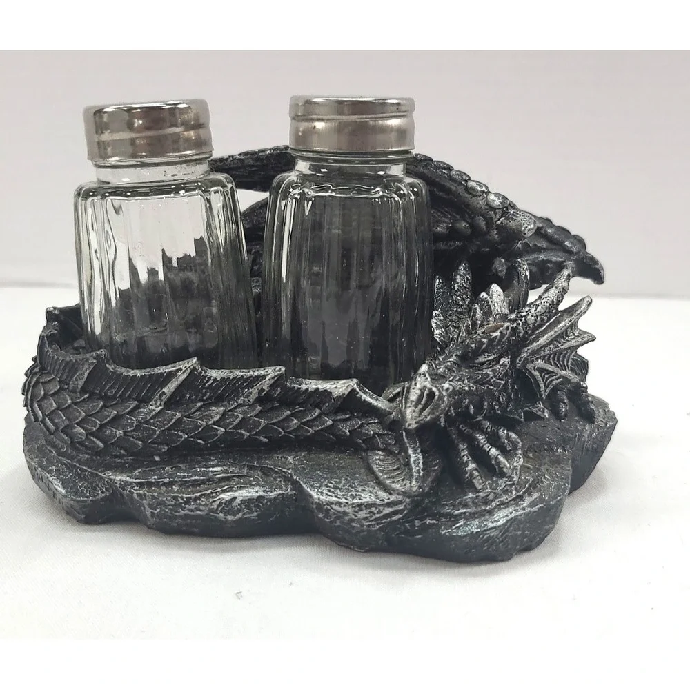 Sleeping Dragon Glass Salt and‎ Pepper Shaker Set with Decorative Holder Display